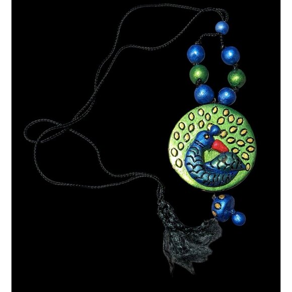 Vintage Terra Cotta Medallion Metallic Peacock Pendant Necklace - Picture 1 of 11